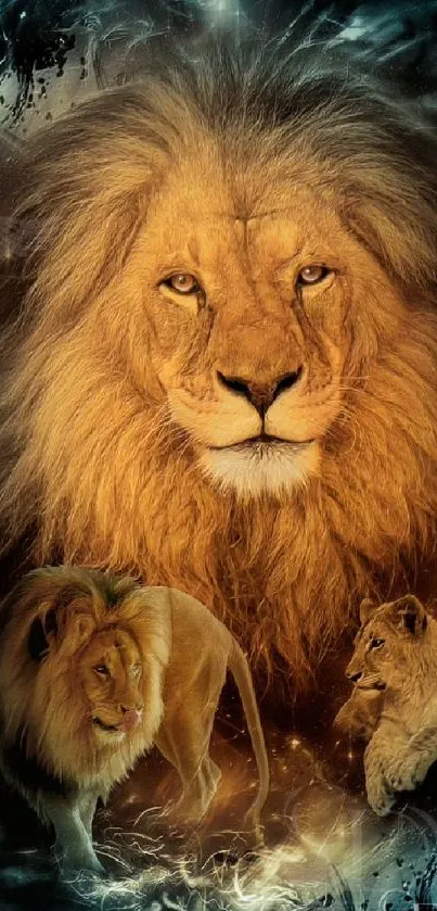 Majestic lion family featured in stunning mobile wallpaper.