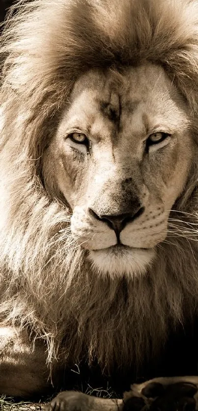 Majestic lion resting under a tree in natural lighting.