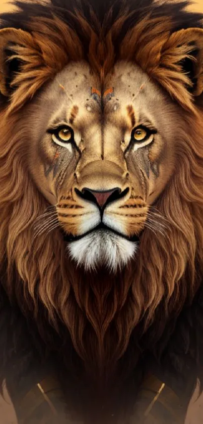 Majestic lion with intricate details on warm-toned mobile wallpaper.