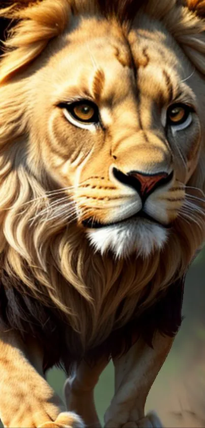 Majestic lion walking through jungle close-up wallpaper.