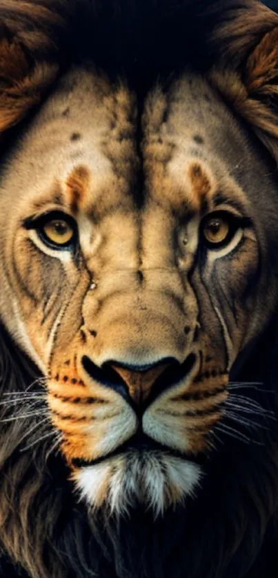 Close-up of a majestic lion's face in stunning detail, perfect for wallpaper.