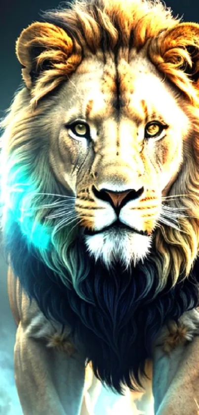 Majestic lion with dark mane glowing in vibrant hues for mobile wallpaper.