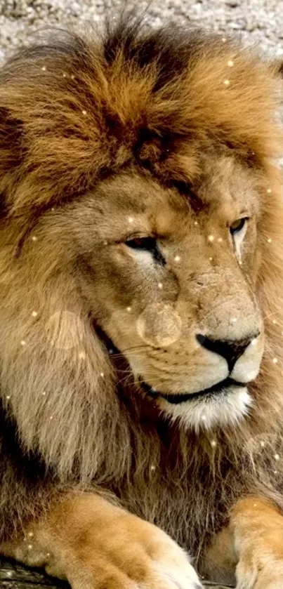 Majestic lion with golden mane resting on a rocky surface.