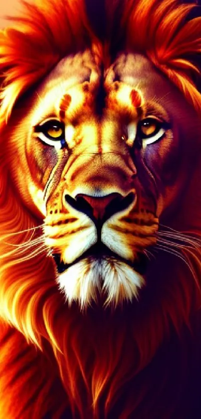 Vibrant lion with fiery mane in sunset hues, perfect for mobile wallpaper.