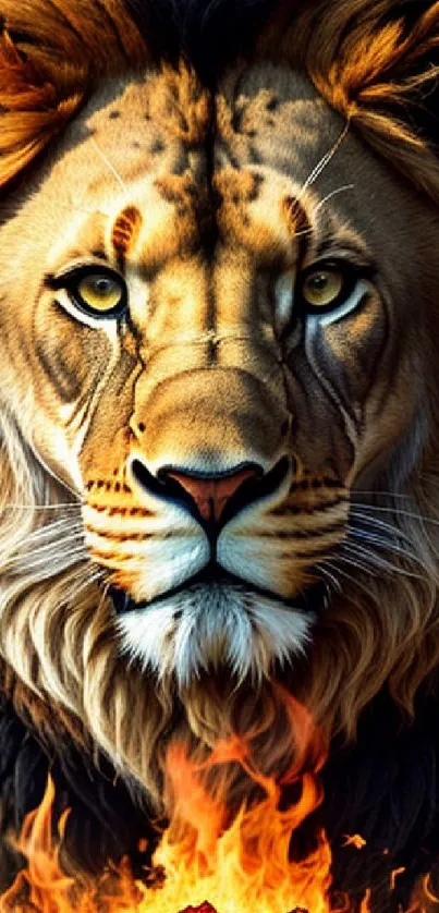 Majestic lion with fiery backdrop mobile wallpaper.