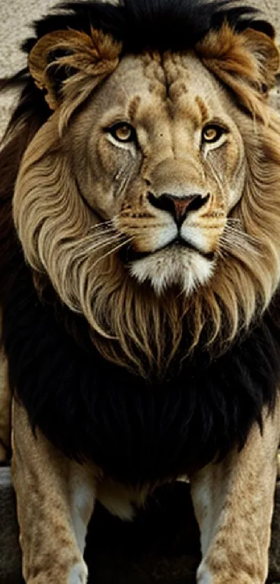 Majestic lion resting on stone with a regal mane, staring intently.