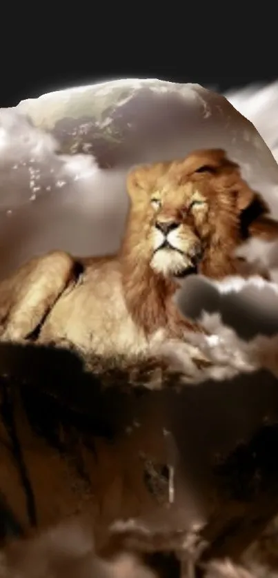 Majestic lion resting in a dreamlike setting with soft clouds.