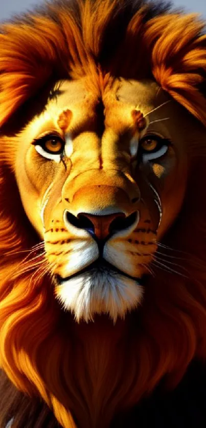 Majestic lion with orange mane on mobile wallpaper, fierce and regal.