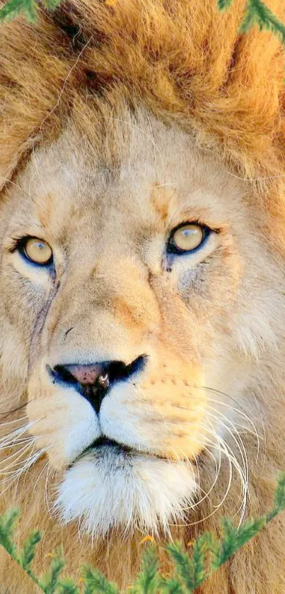 Majestic lion with mane and green leaves mobile wallpaper.