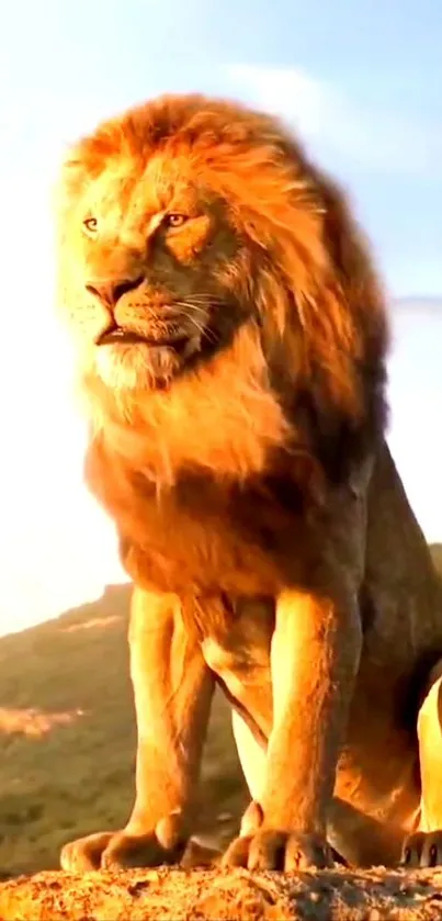 Majestic lion sits proudly at sunset in the savanna, golden hues illuminating the scene.