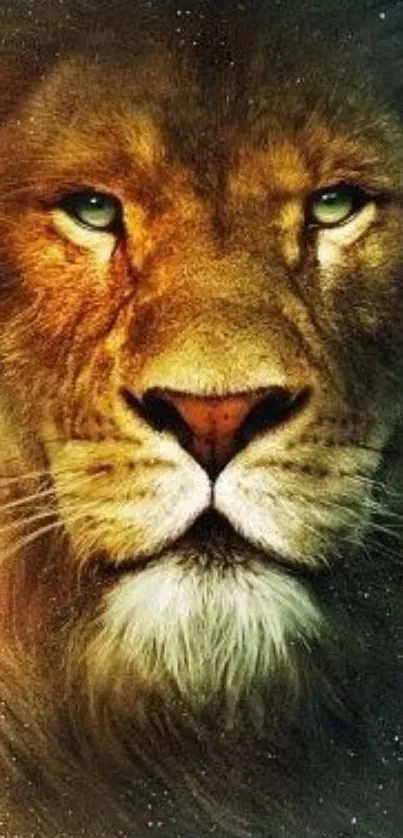 Majestic lion face with golden mane mobile wallpaper.