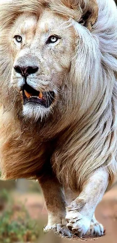 Majestic lion with a flowing mane in a vibrant wildlife setting.