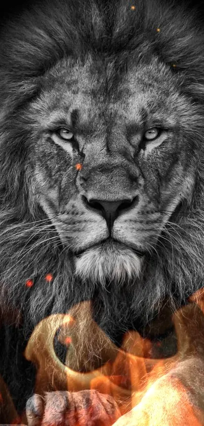 Majestic lion in black and gray on mobile wallpaper.