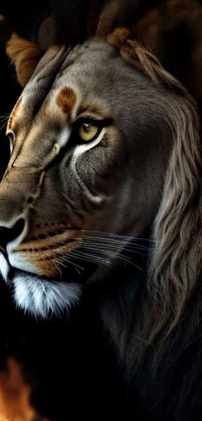 Majestic lion close-up on mobile wallpaper with dark backdrop.