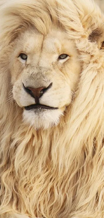 Majestic white lion with a flowing mane in mobile wallpaper.