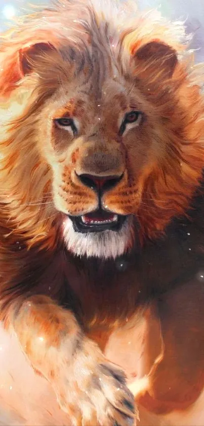 Majestic lion running in vibrant nature wallpaper.