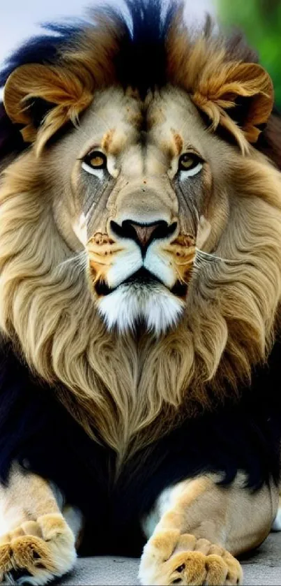Majestic lion with a golden mane on mobile wallpaper.