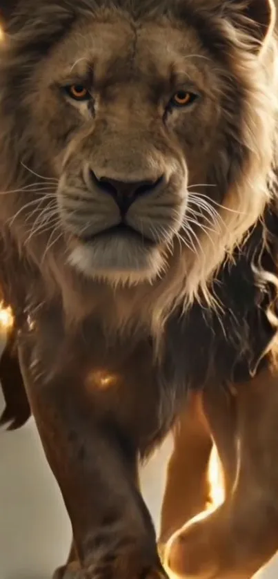 Majestic lion walks with strength and grace.
