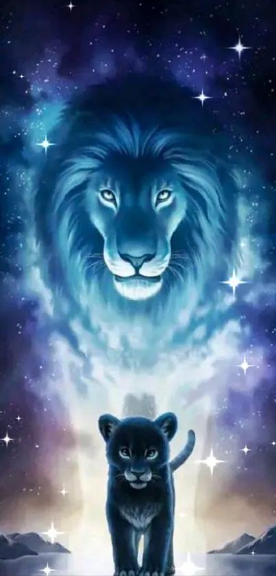 Majestic lion with cosmic blue aura in night sky.