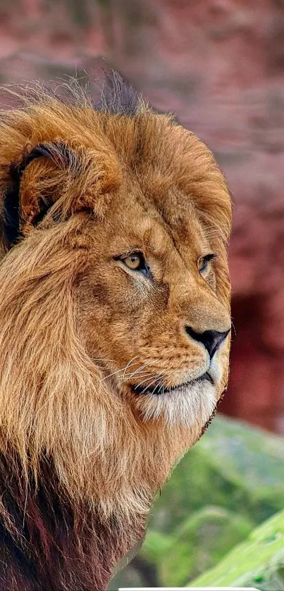 Majestic lion with brown mane overlooking a natural backdrop.