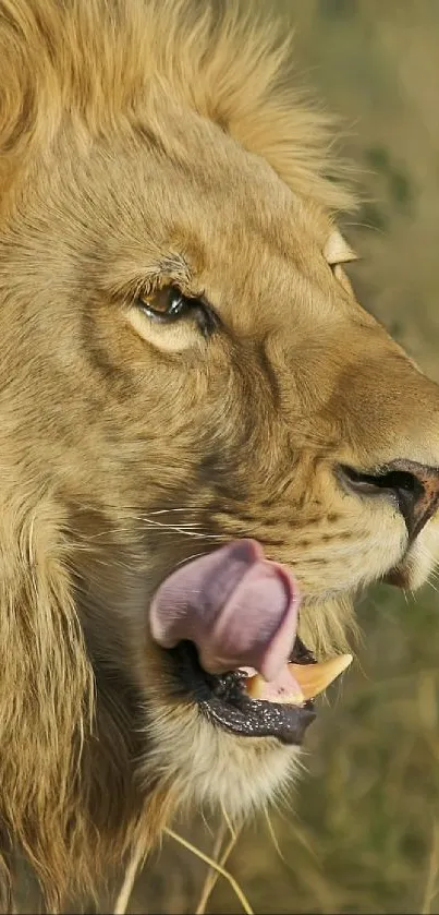 Majestic lion licking its lips in the wild.