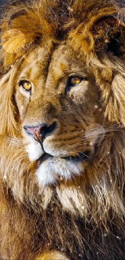 Majestic lion with golden mane resting and gazing intently in the wild.