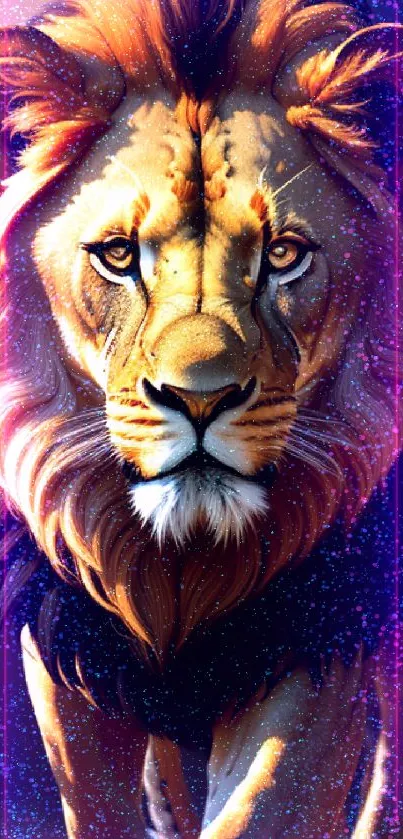 Majestic golden lion walking with a regal gaze on a mobile wallpaper.