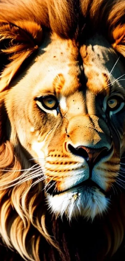 Majestic lion face with golden mane in mobile wallpaper.