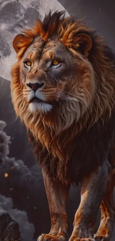 Lion standing majestically in moonlit scenery.