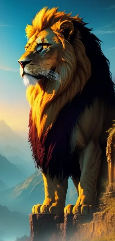 Majestic lion overlooking a mountain landscape at sunrise.