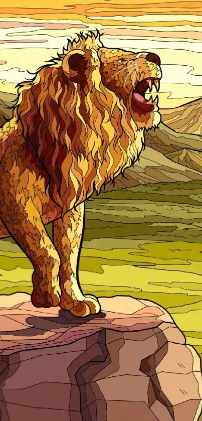 Majestic lion on mountain at sunset.