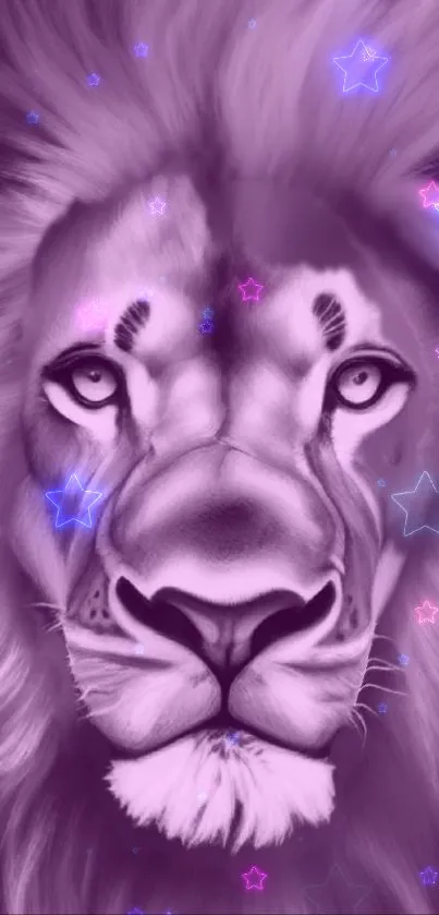 Majestic lion with neon stars in purple tones.