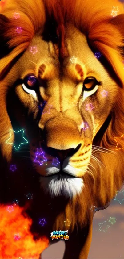 Majestic lion with neon stars on mobile wallpaper.