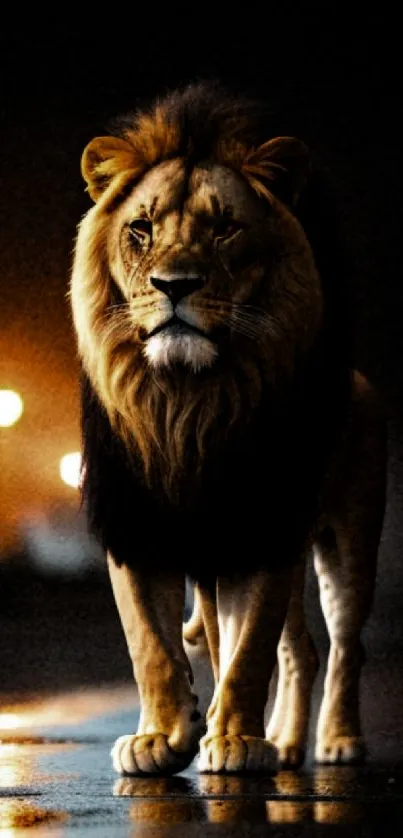 Majestic lion walking at night on wet street.