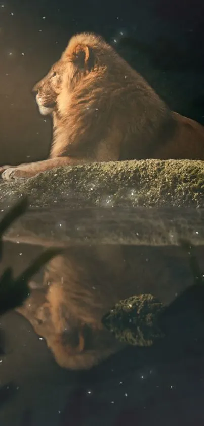Majestic lion at night with reflection in serene wallpaper scene.
