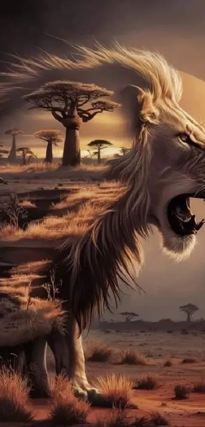 Majestic lion roaring at sunset on the African savanna.