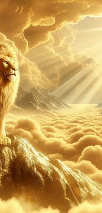 Majestic lion on a golden cloud with sunlight streaming through.