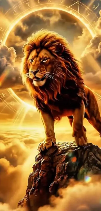 Majestic lion stands on a rocky peak with glowing clouds.