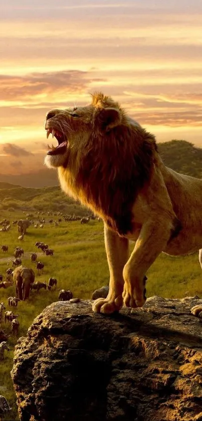 Lion roaring on a rock at sunset with a herd in view.