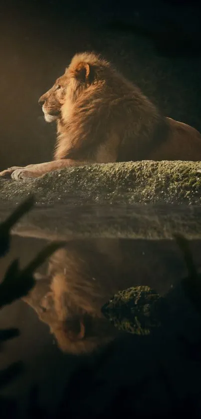 A majestic lion rests on a rock with its reflection in calm water.