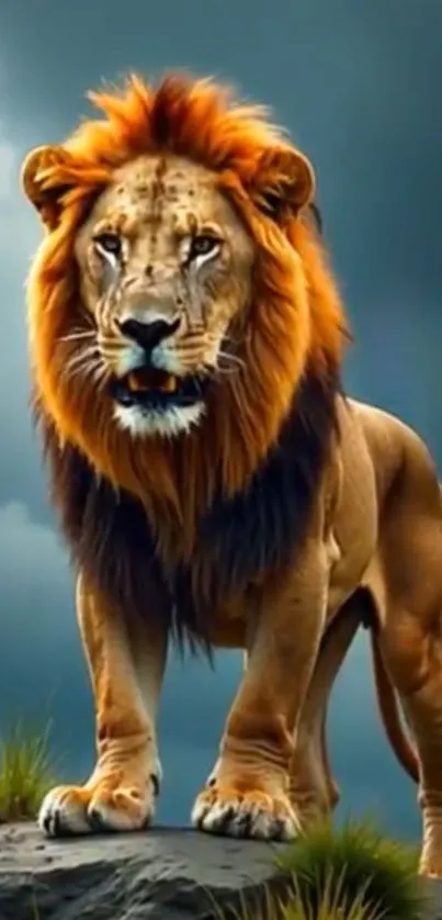 A majestic lion stands on a rocky outcrop under a cloudy sky.