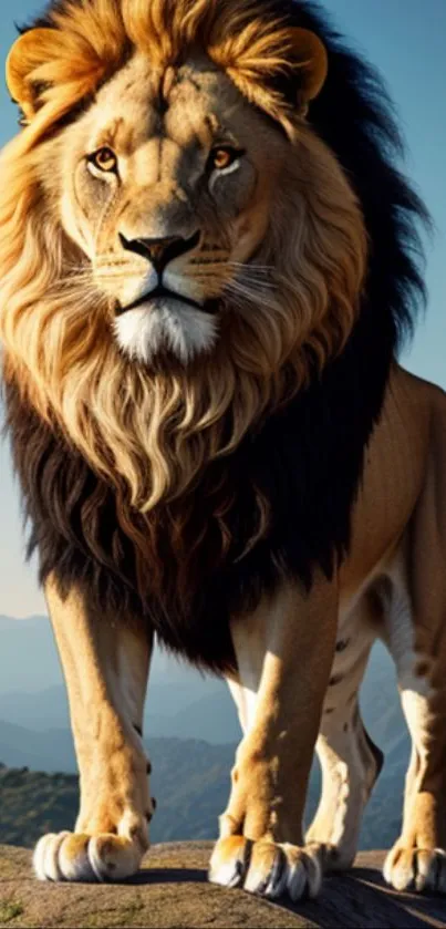 Majestic lion standing on rocks with mountain view.