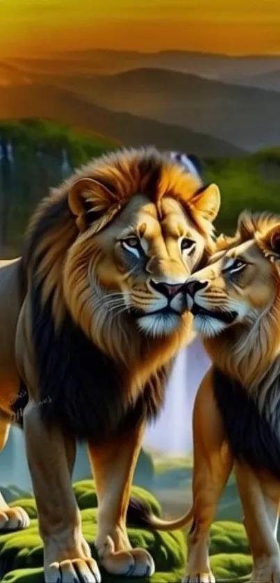 Two lions standing together in a natural landscape.