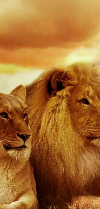 Majestic lion and lioness on golden savannah background.