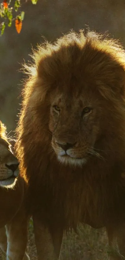 Lion pair basking in golden sunlight, ideal for nature lovers.