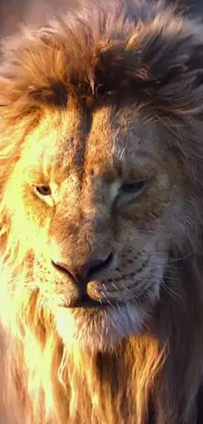 Majestic lion portrait in golden light, perfect for phone wallpaper.