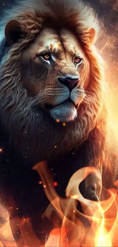 Majestic lion with fiery cosmic background on mobile wallpaper.