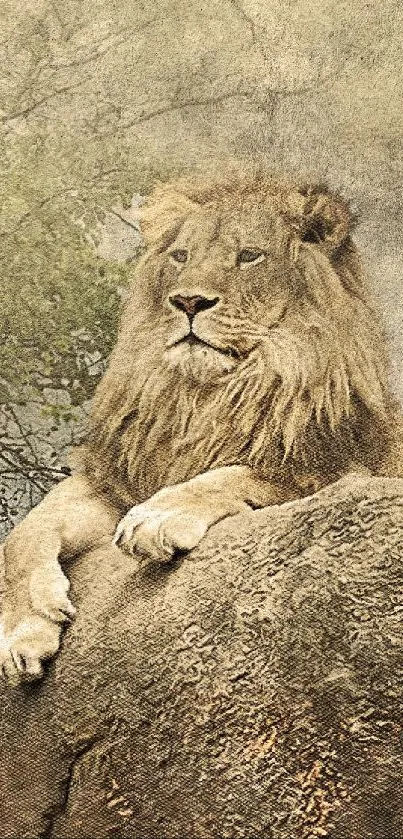 Majestic lion on rocky terrain with a natural backdrop.