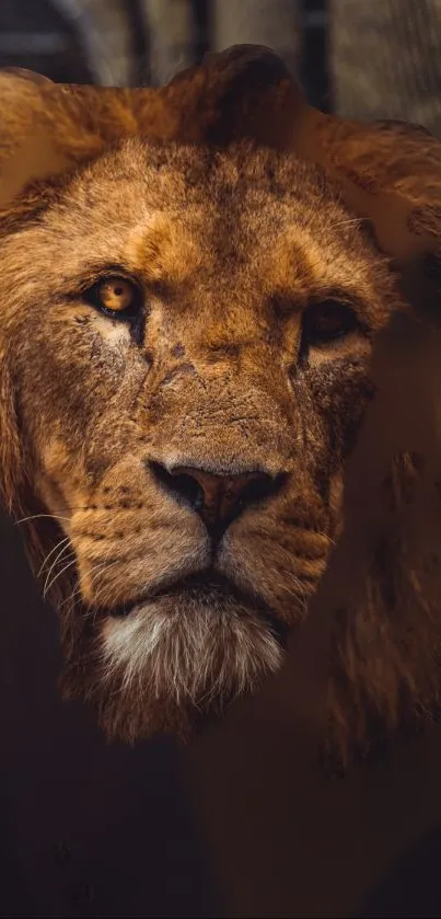 Close-up of a majestic lion face on a mobile wallpaper.