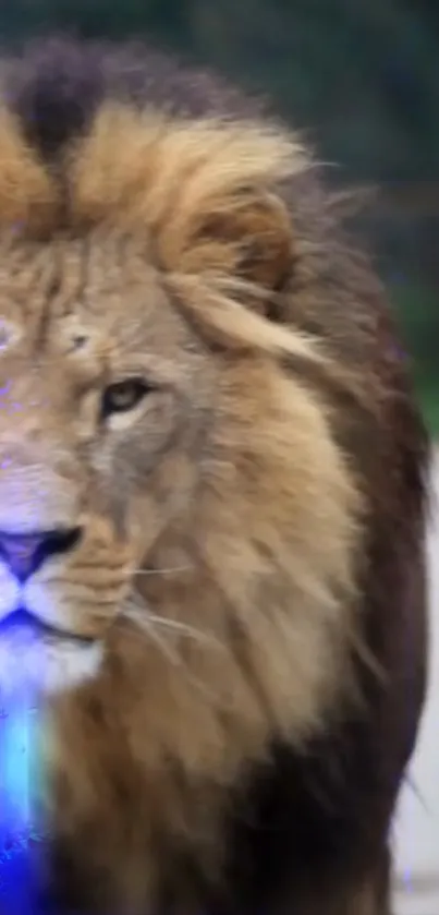 Majestic lion close-up with blue glow and natural background.